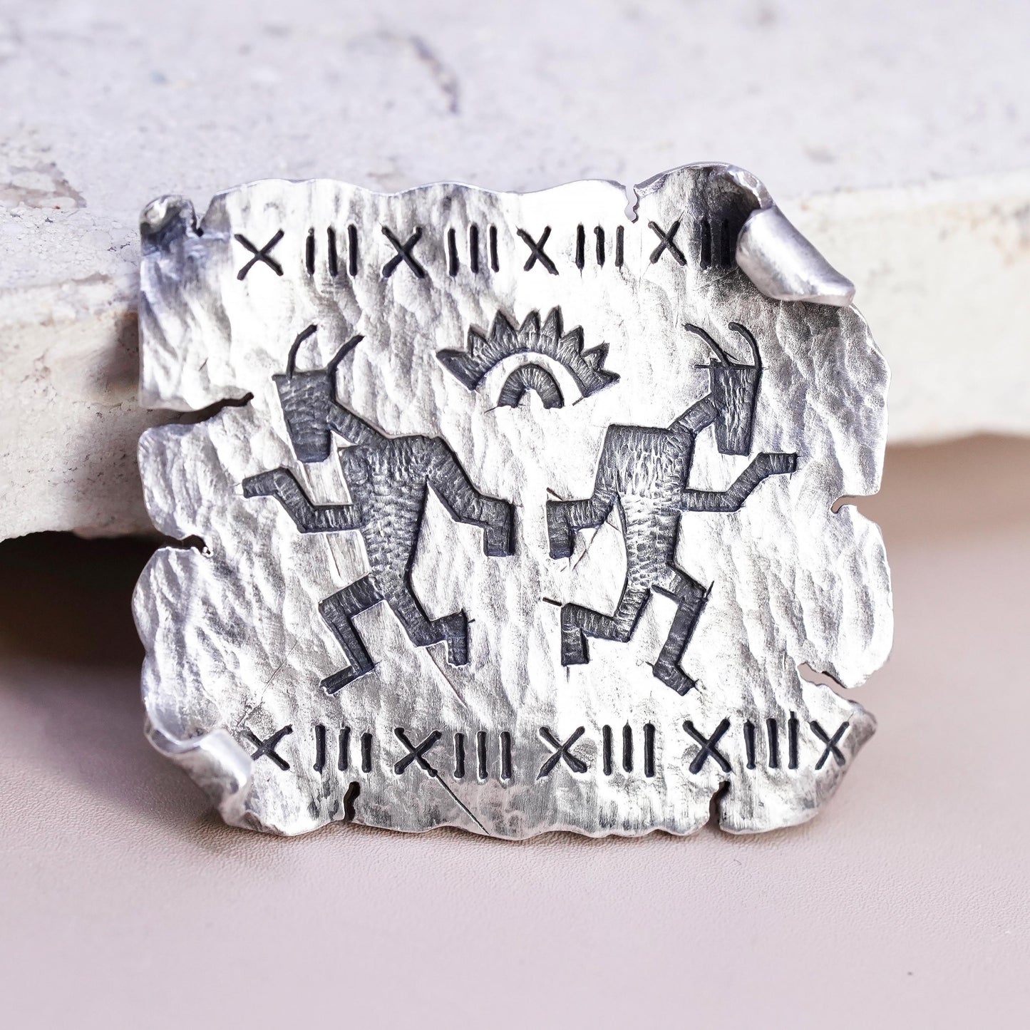 PRECIV Native American Kokopelli Sterling Silver brooch, Sun Petroglyph pendant