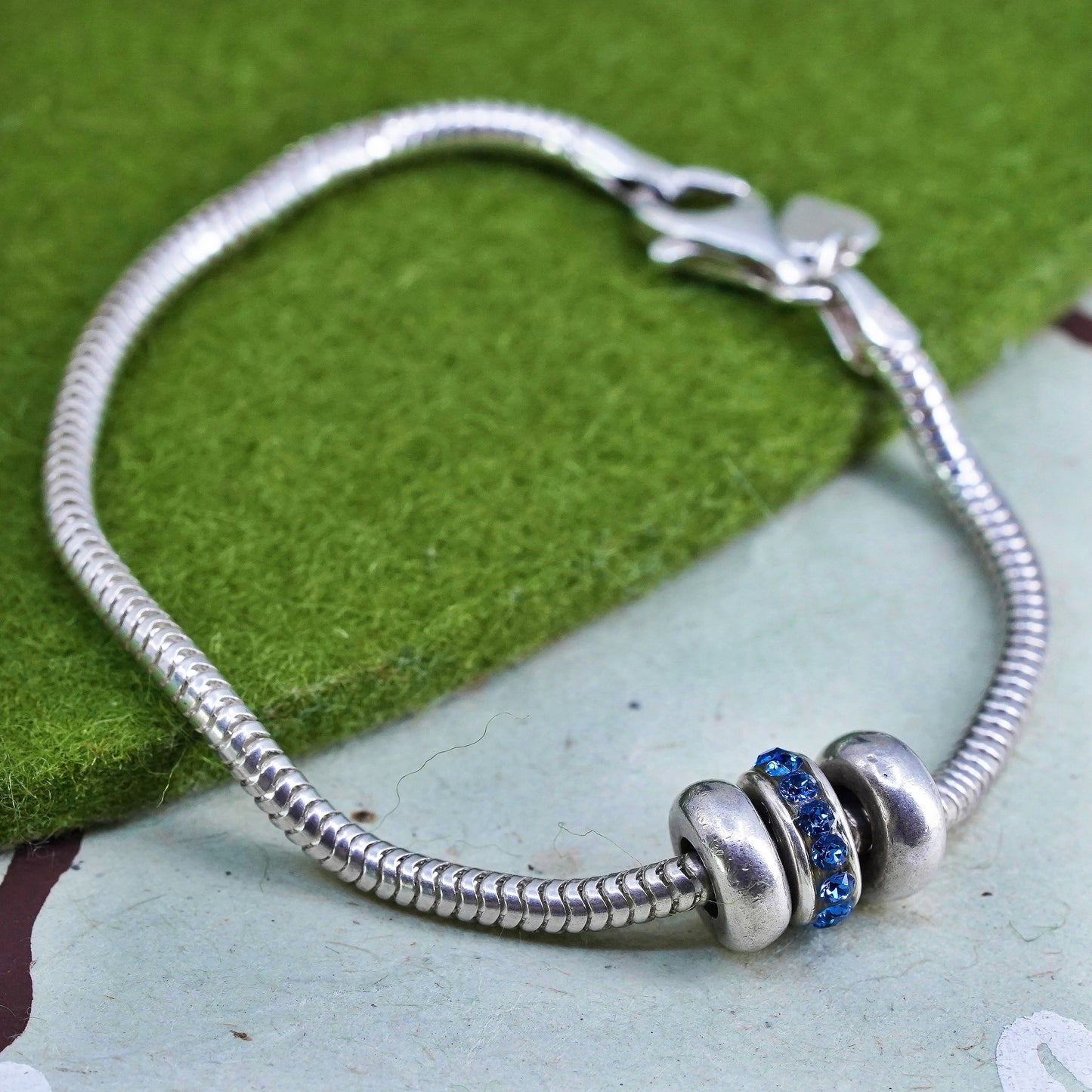 6.5”, vintage Cham sterling silver charm bracelet, 925 snake chain bead charm