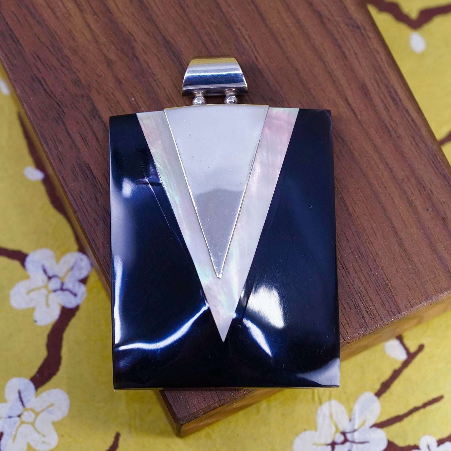 Mexican huge Sterling 925 silver rectangular pendant with onyx mother of pearl