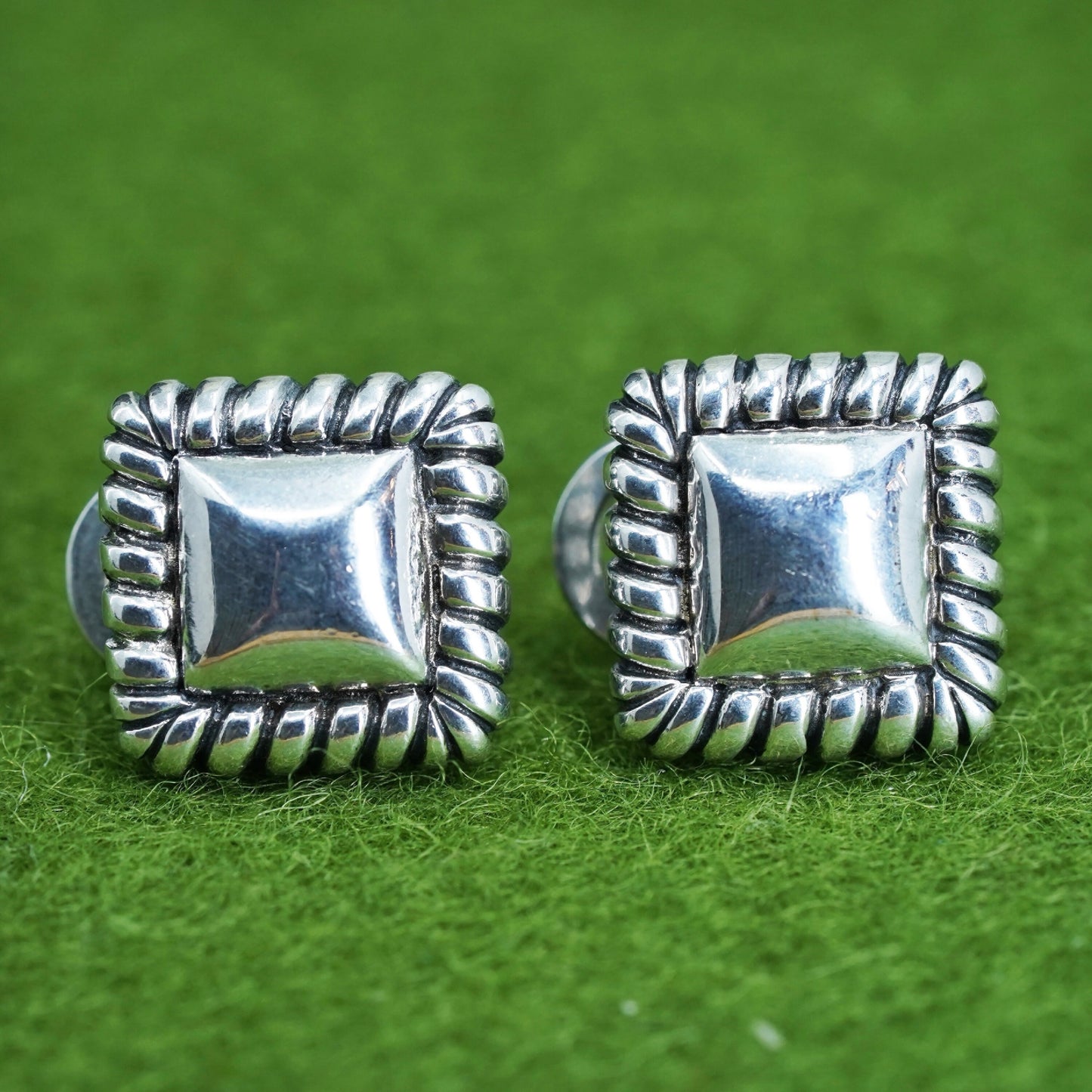 Vintage sterling silver handmade earrings, 925 square studs and cable around