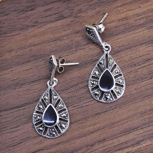 Vintage Sterling 925 silver handmade teardrop earrings with onyx and marcasite