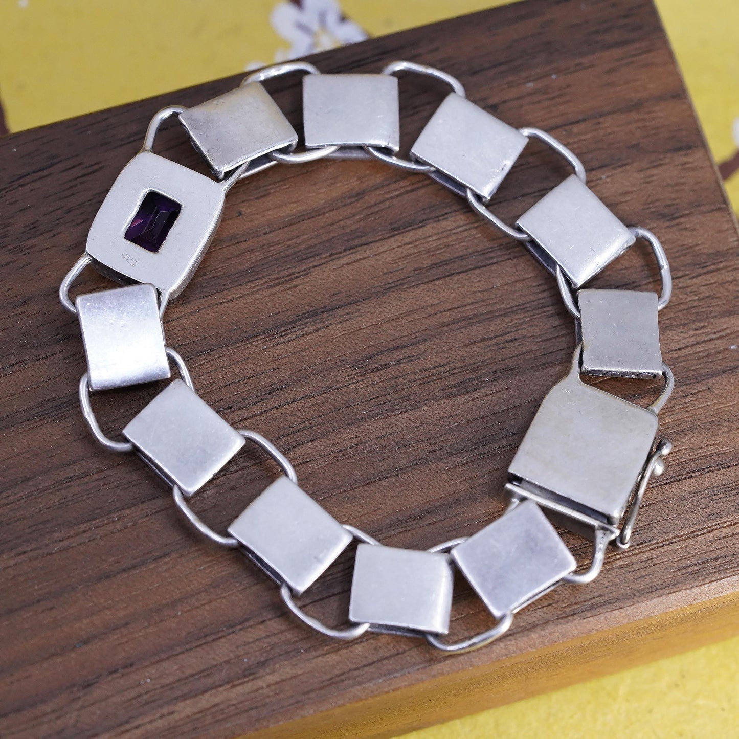 6.75", Vintage Sterling Silver Amethyst Link Bracelet, Beaded Textured chain