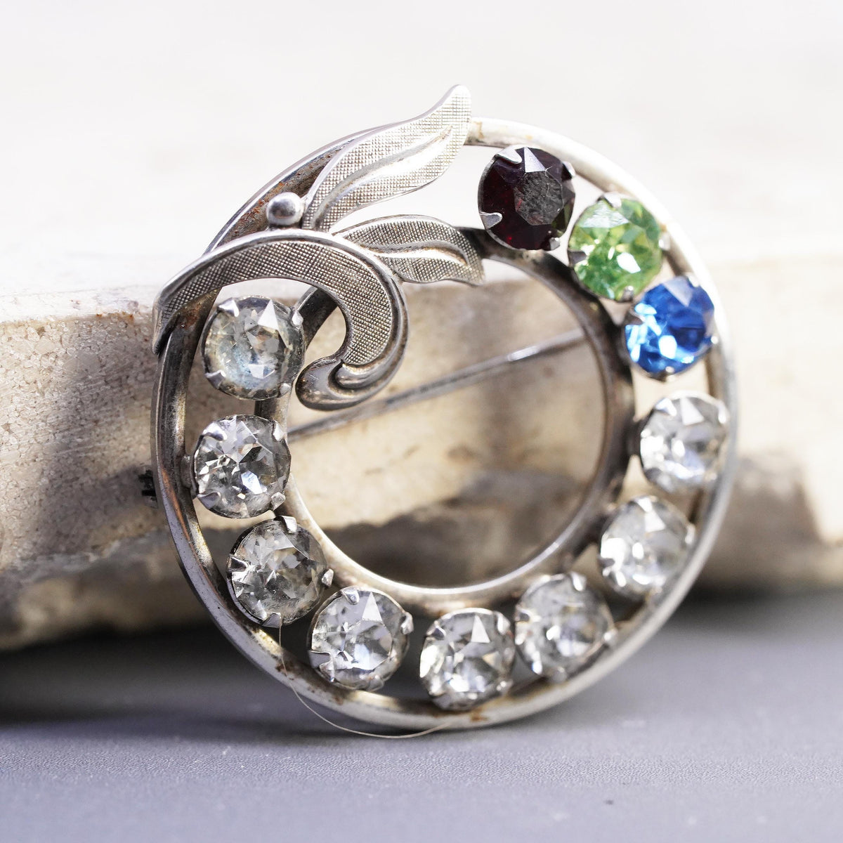 Vintage Van Dell Sterling silver handmade brooch, 925 circle pin w/ Rhinestone