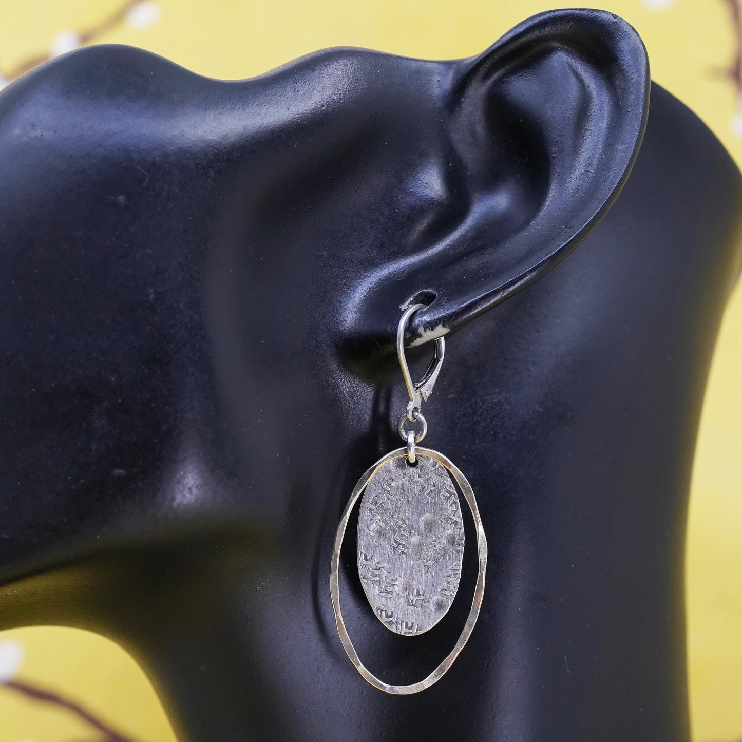 two tone Sterling 925 silver hammered circle earrings with brass circle dangles