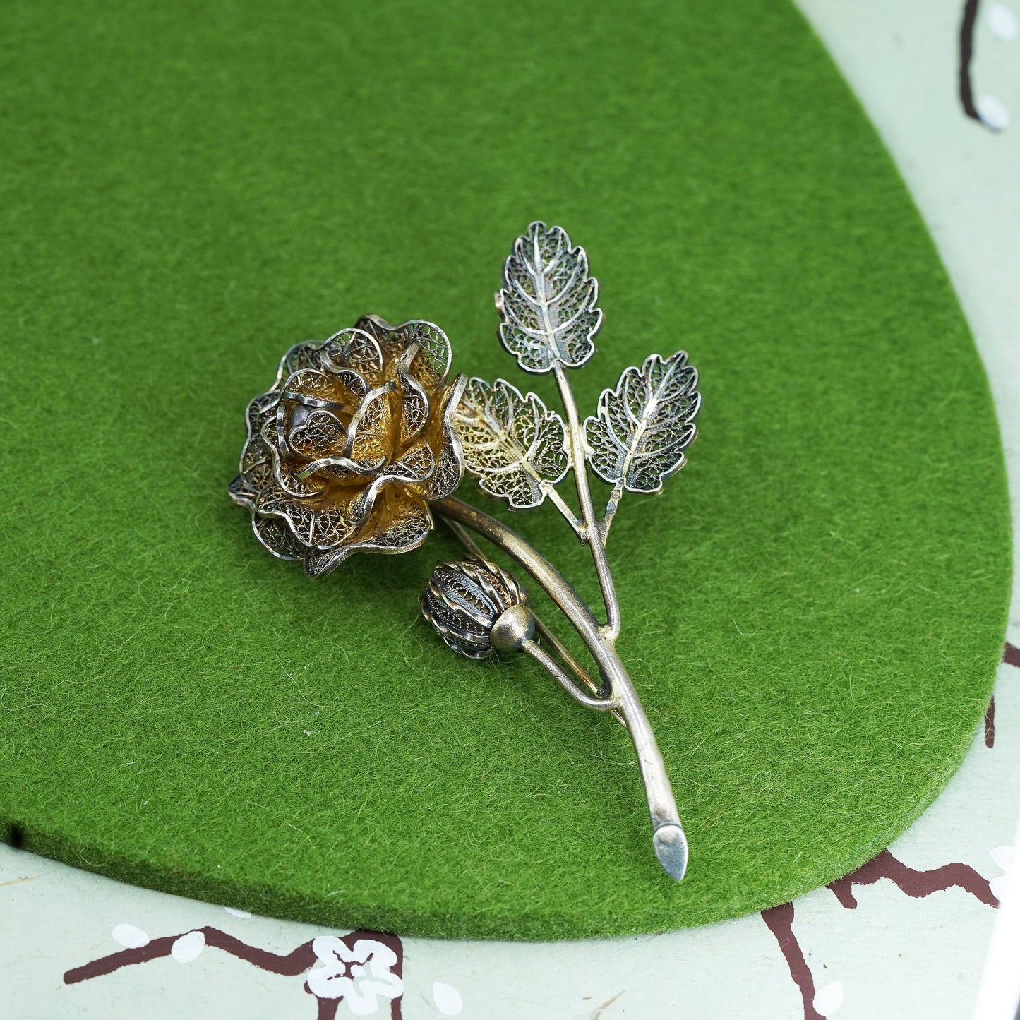 1960s 925 Sterling Silver Gold Plated VTG Portugal Filigree Floral Pin Brooch,