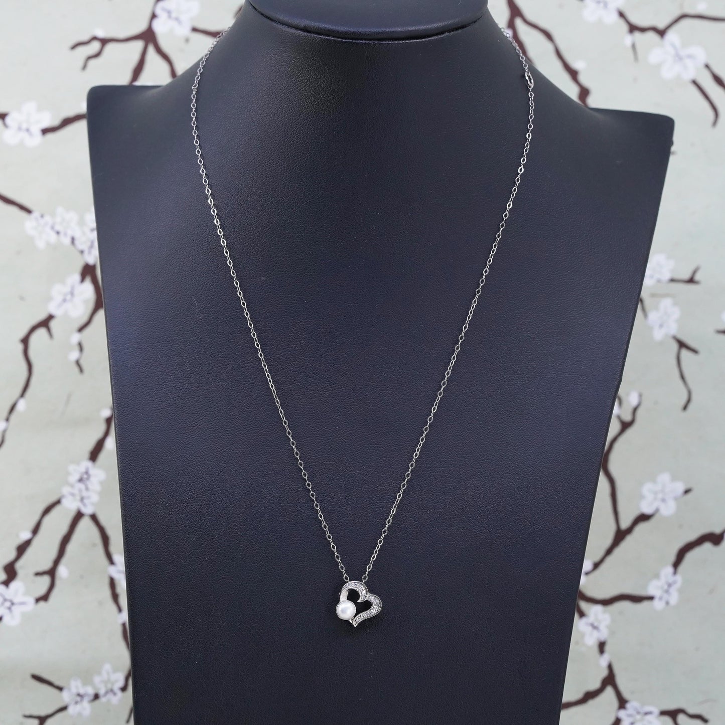 16+2", Vintage handmade Sterling silver flatten Circle link chain heart pearl
