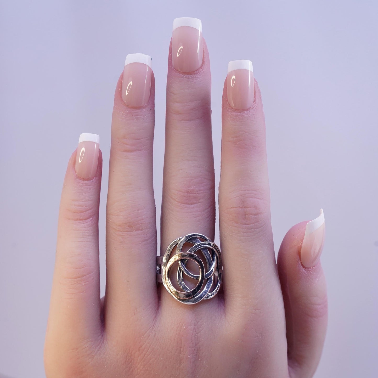 Size 9.25, vintage Israel PZ two tone Sterling silver handmade entwined ring