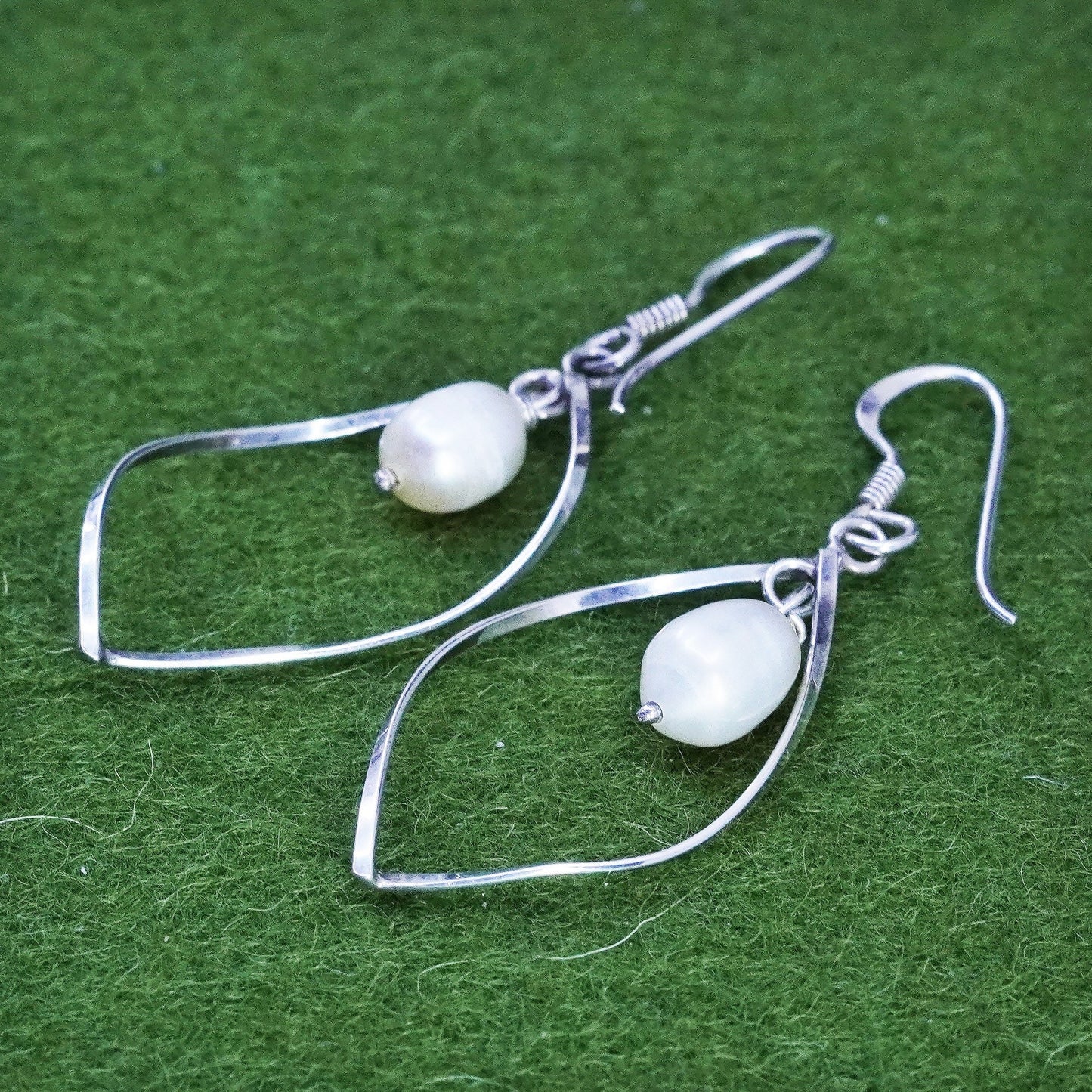 Vintage Sterling 925 silver handmade wavy earrings with pearl drops