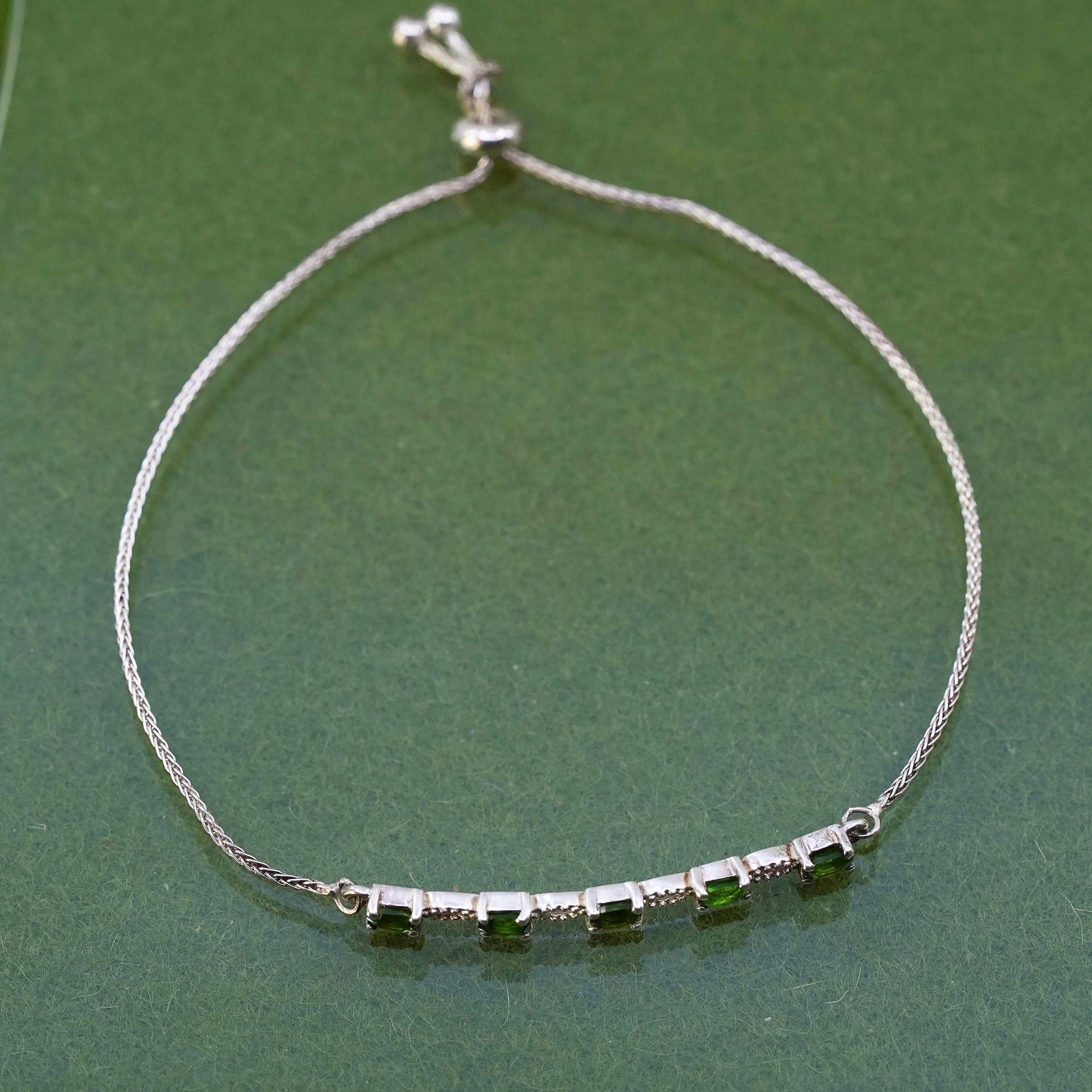 Size adjustable, Vintage sterling silver bracelet, 925 box chain with peridot