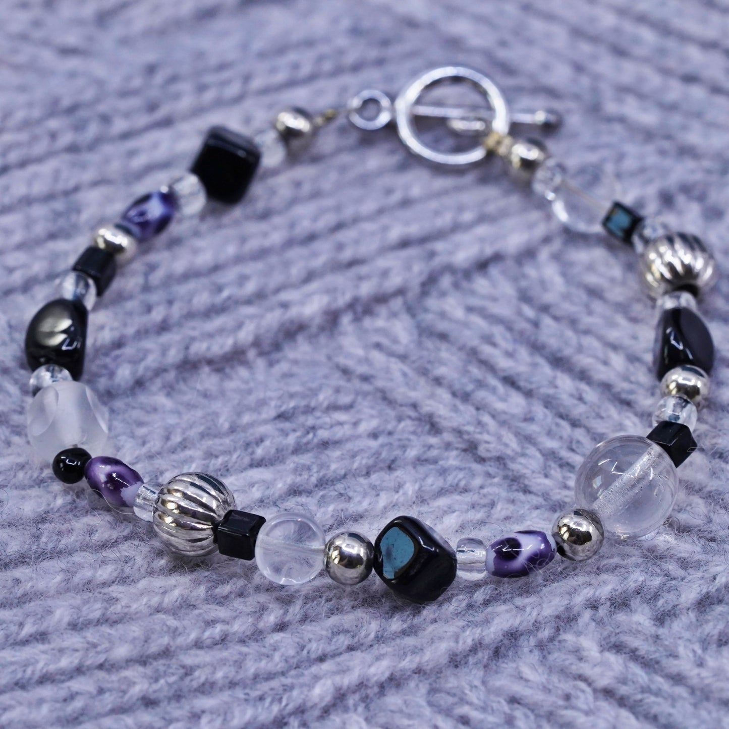 7”, VTG sterling 925 silver handmade Bali bracelet with obsidian crystal beads