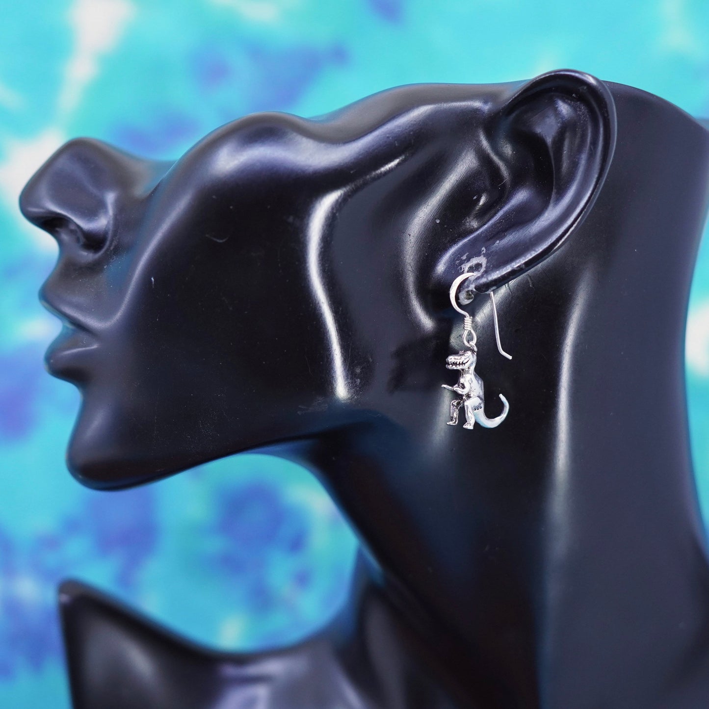Vintage Sterling silver handmade earrings, 925 dinosaur, T-Rex drops