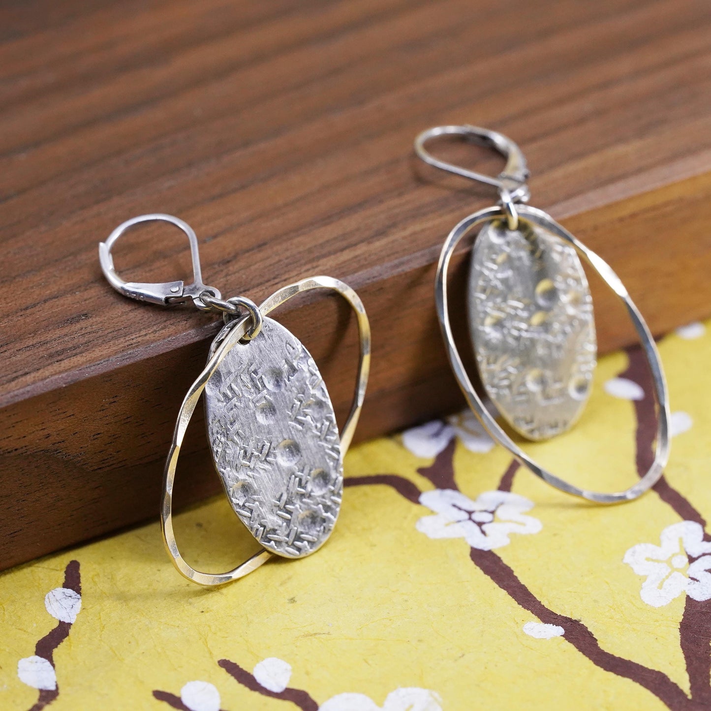 two tone Sterling 925 silver hammered circle earrings with brass circle dangles