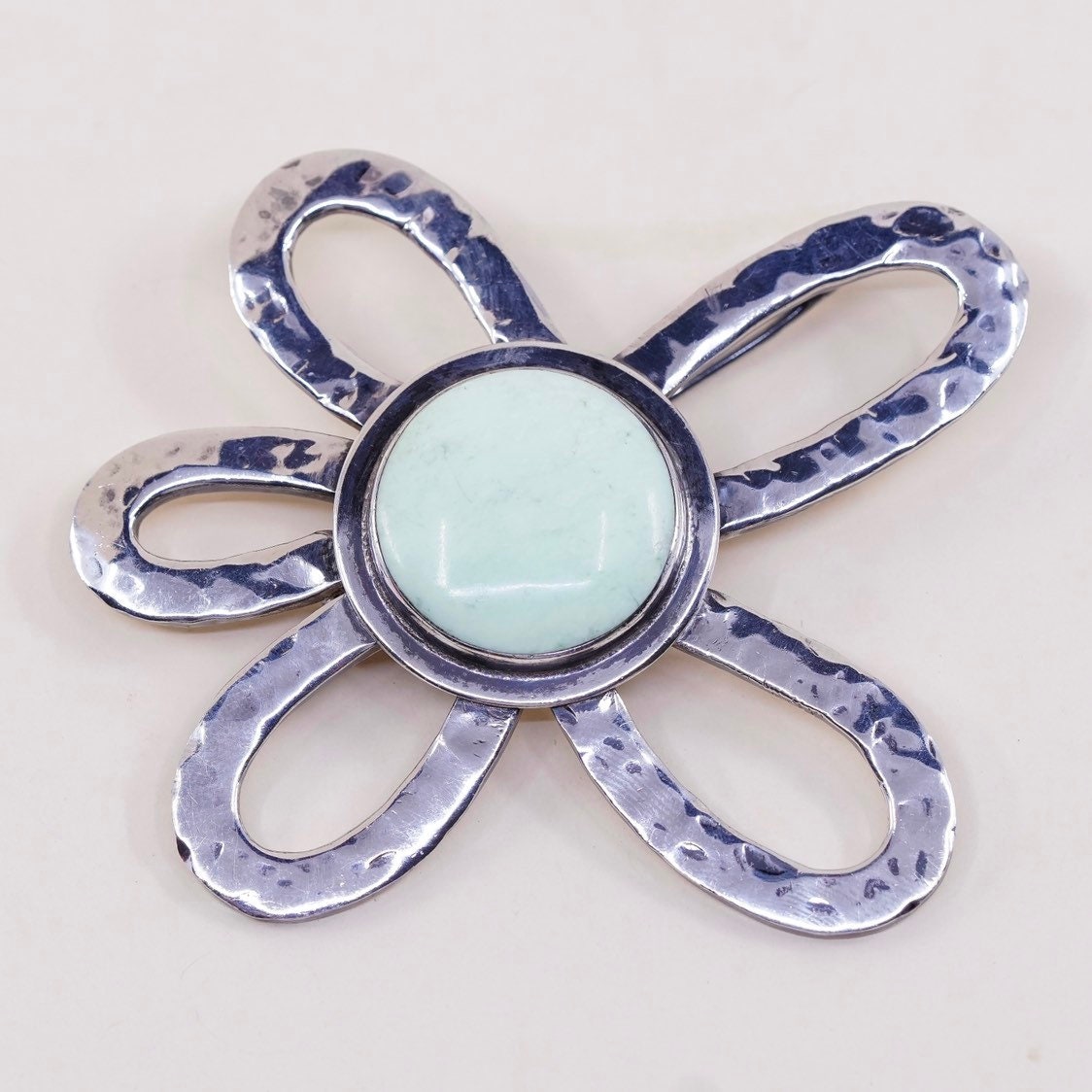Vintage sterling silver handmade brooch, hammered 925 silver flower with Jade, silver tested