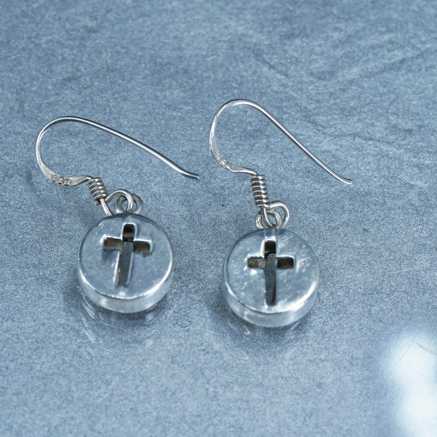 Vintage sterling 925 silver handmade earrings, circle with cross