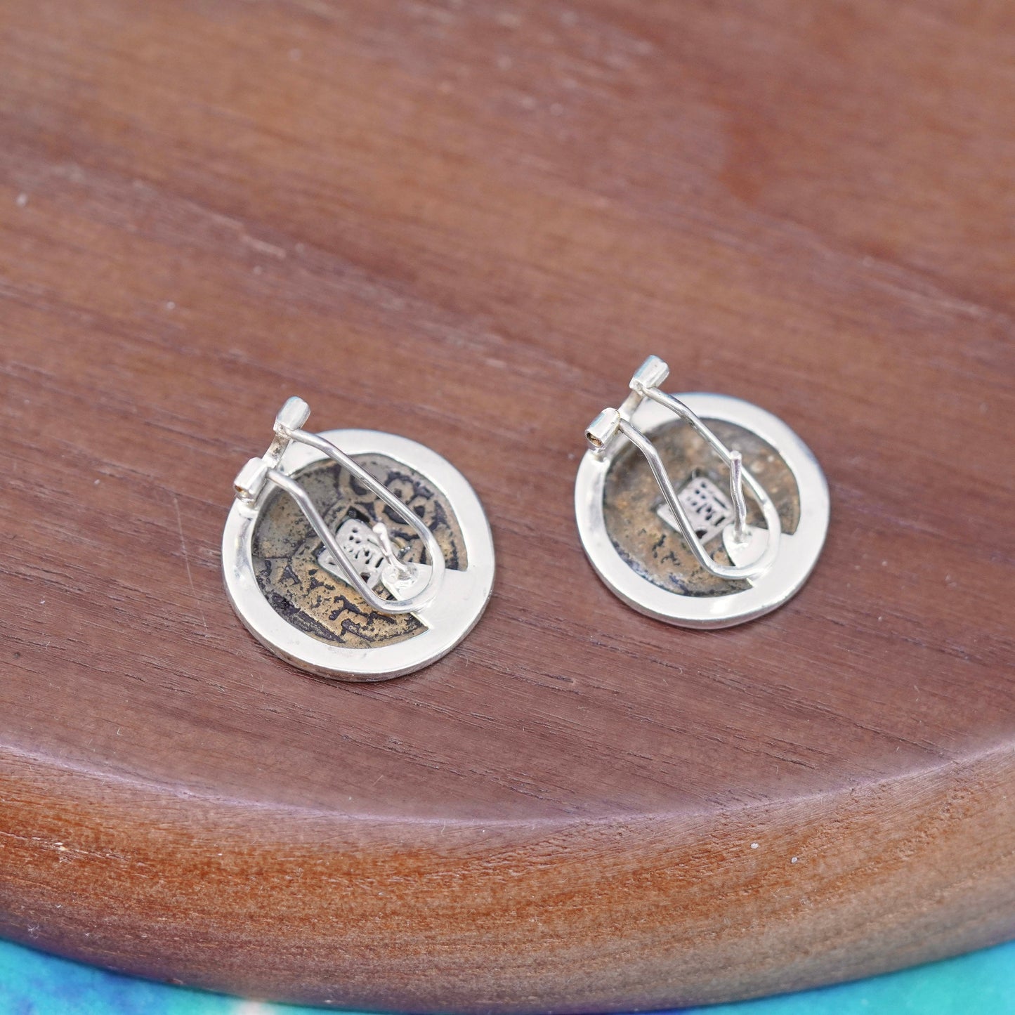 Native American Sterling silver handmade earrings, ancient Chinese coin studs