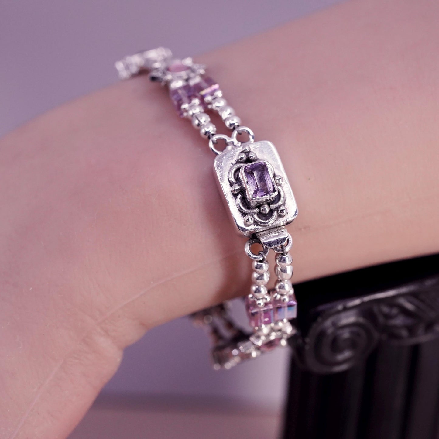 7.5", VTG Sterling 925 silver handmade tennis bracelet amethyst crystal beads