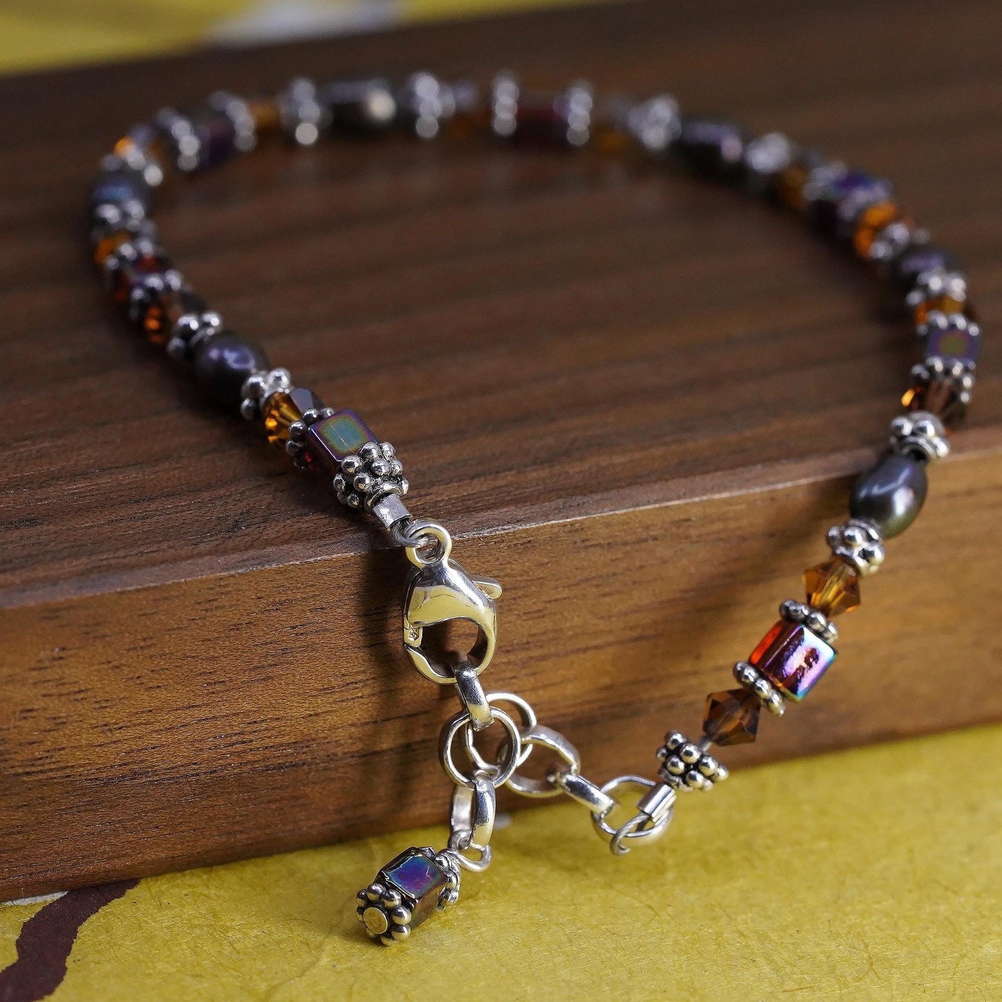 7+1”, vintage Sterling silver garnet citrine beads bracelet with black pearl