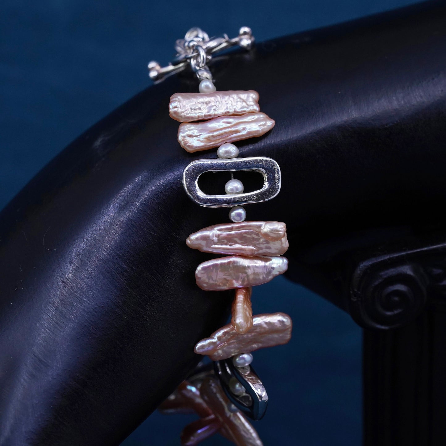 7.25", Sterling 925 silver handmade bracelet with baroque orange pearl beads