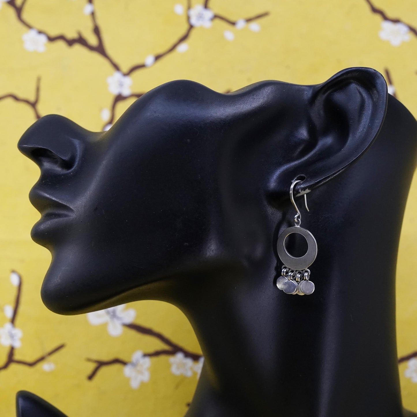 VTG matte Sterling silver handmade earrings, 925 circle dangle cluster discs