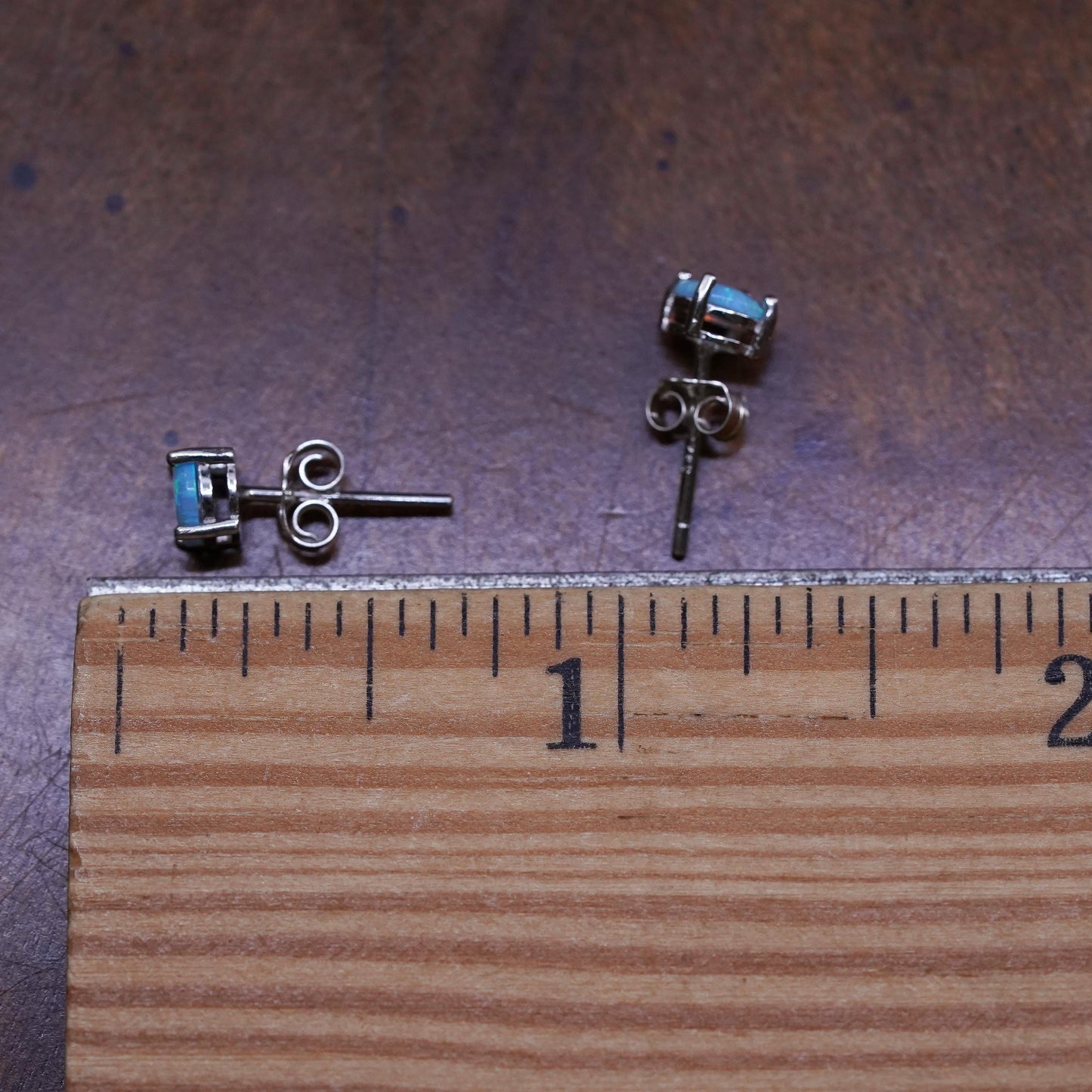 Vintage sterling silver handmade earrings, 925 round studs with opal