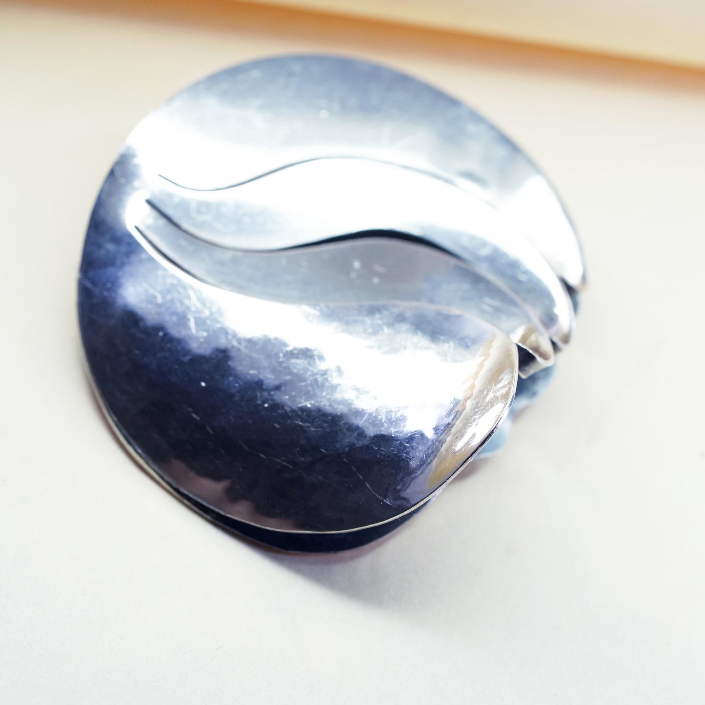 sterling silver brooch, 925 modern abstract wave layered circle, Christmas pin