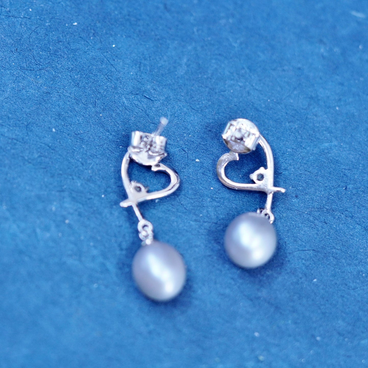 Vintage sterling silver handmade earrings, 925 heart studs with pearl