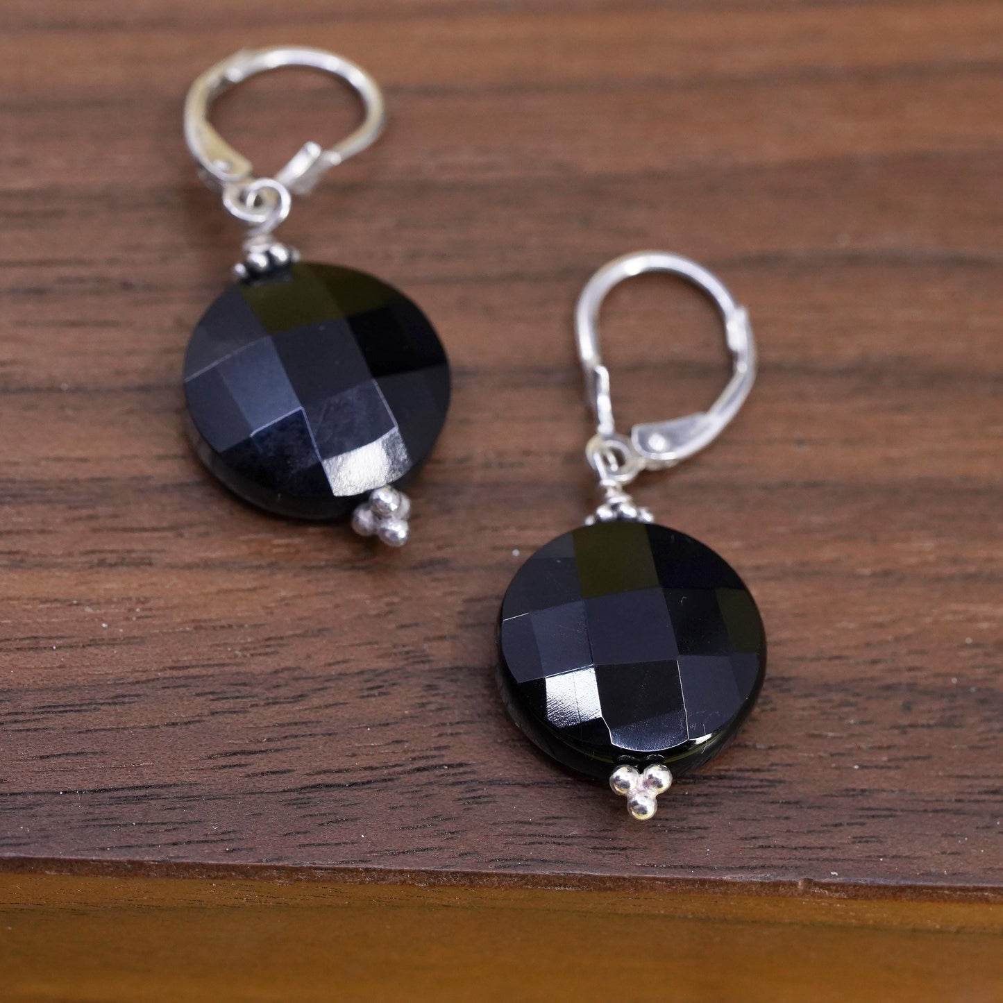 Vintage Sterling 925 silver handmade earrings with circle onyx