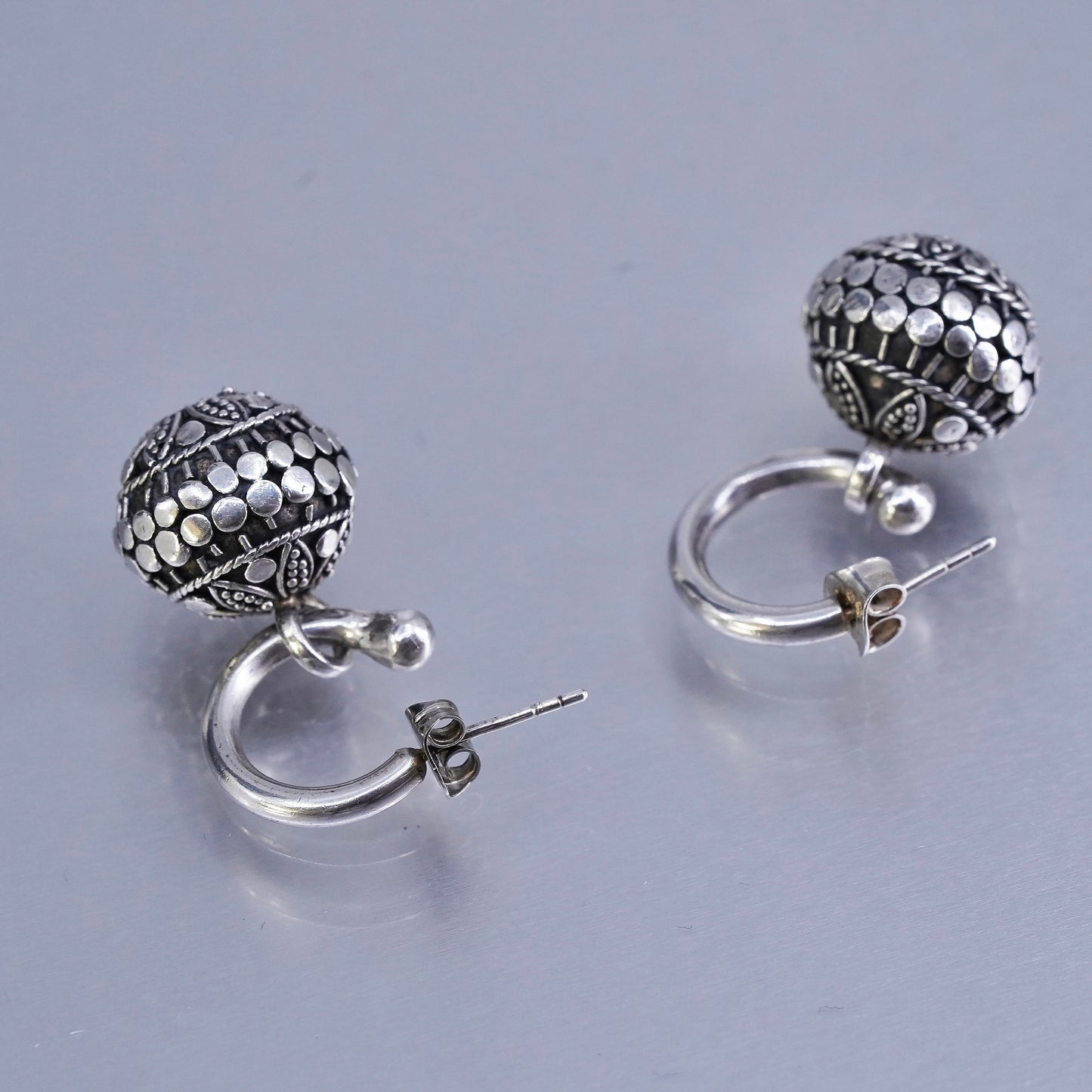 0.5”, vintage bali Sterling 925 Silver Hoop Pierced Earrings with beads