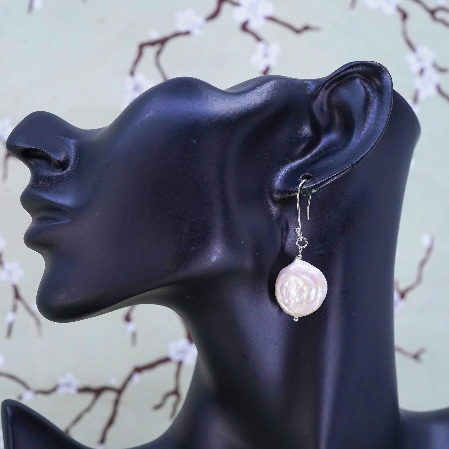 Vintage sterling silver handmade earrings, 925 dangles with coin pearl