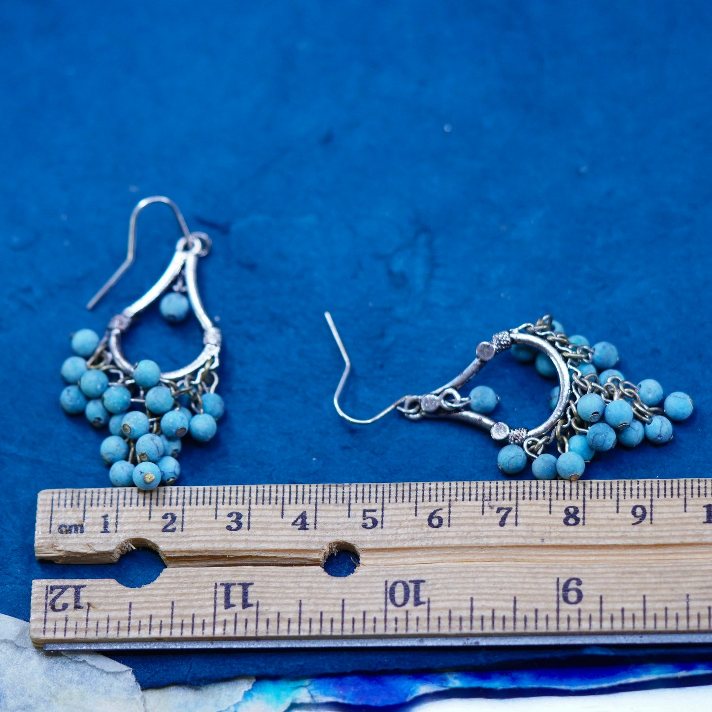 Silver Tone handmade earrings with cluster turquoise beads