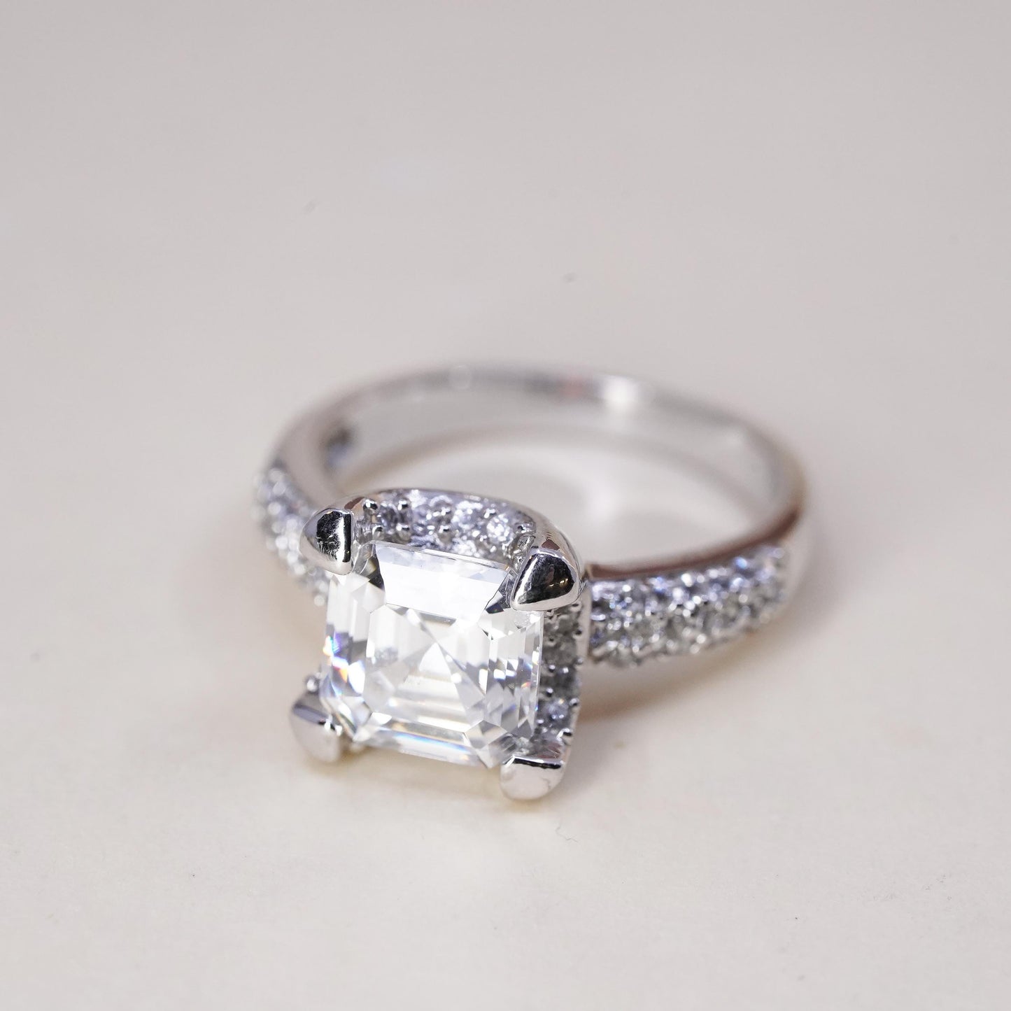 Size 7, Sterling silver ring, 925 silver round cut crystal and CZ cluster ring