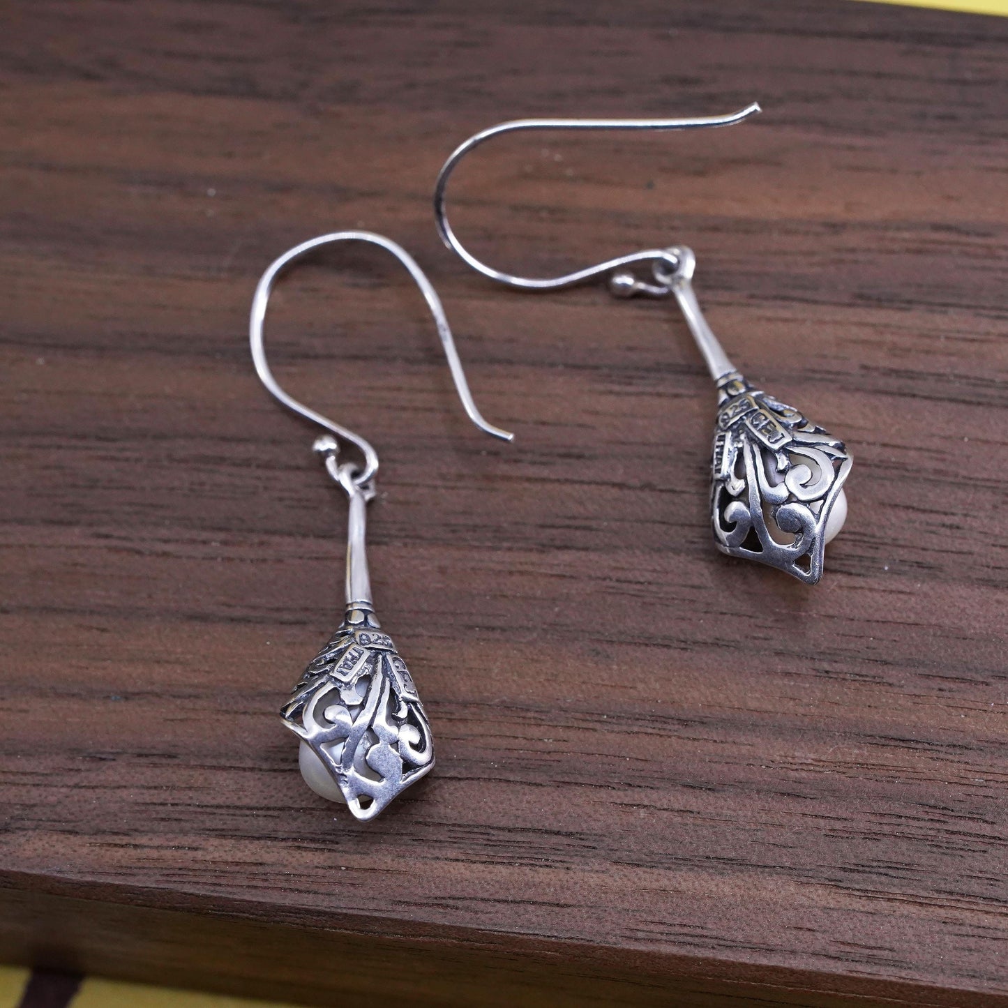Sterling silver handmade earrings, 925 filigree teardrop drops with pearl
