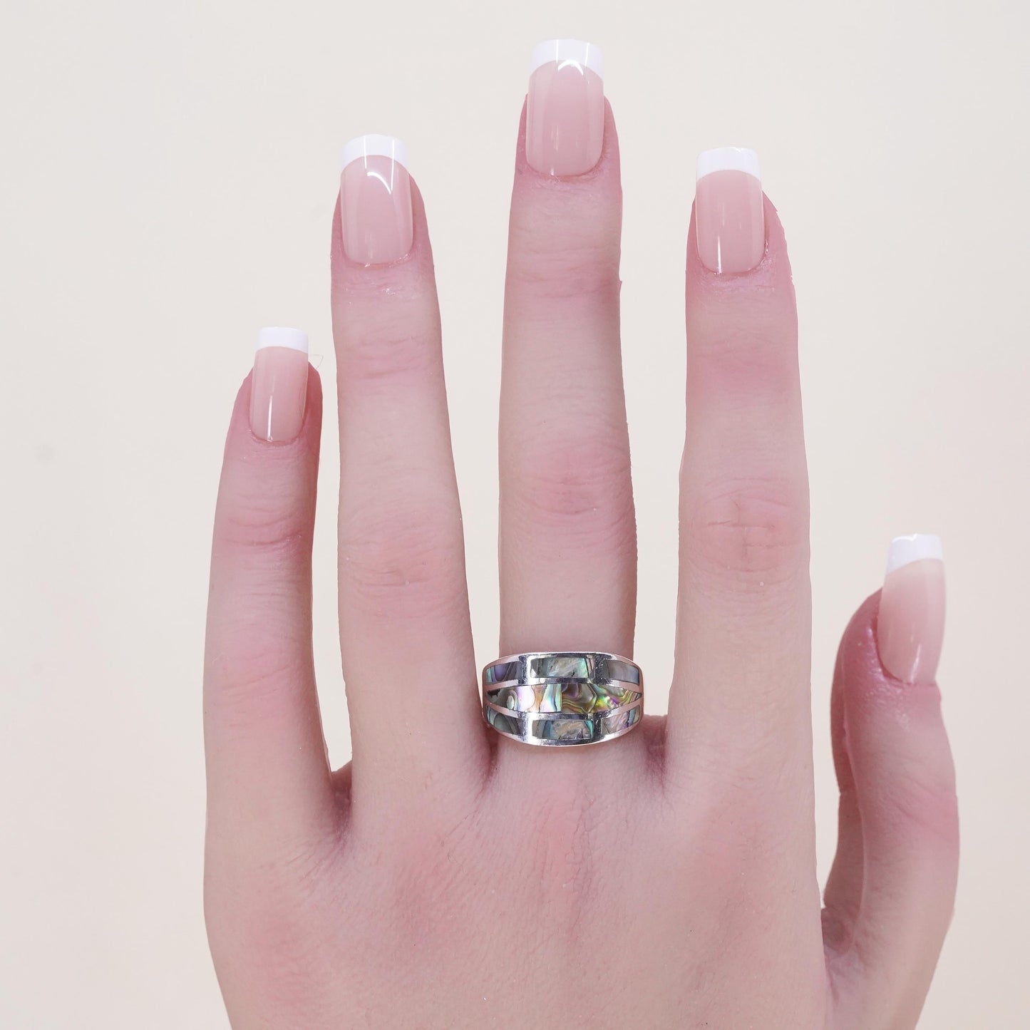 Size 8, Vintage sterling silver handmade ring, 925 band with abalone inlay