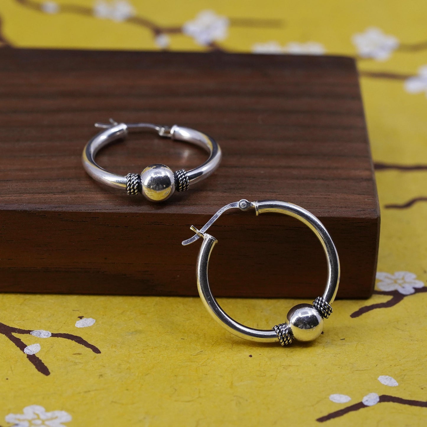 1.25", Indonesia Sterling silver earrings, 925 huggie hoops wired detail beads
