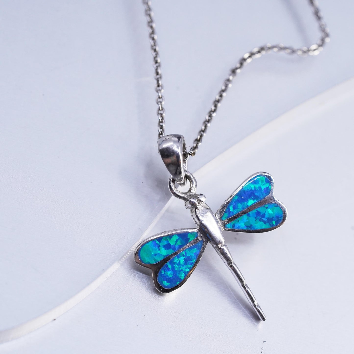 18", vintage Sterling 925 silver circle chain necklace opal dragonfly pendant