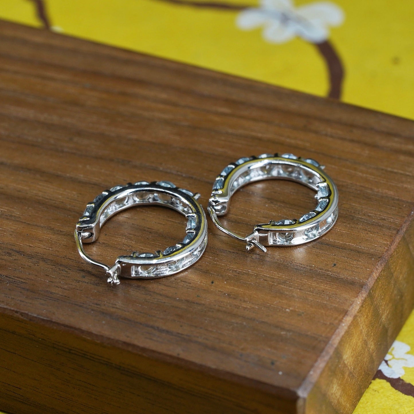 0.75", vintage HT Sterling silver huggie earrings, 925 hoops with blue crystal
