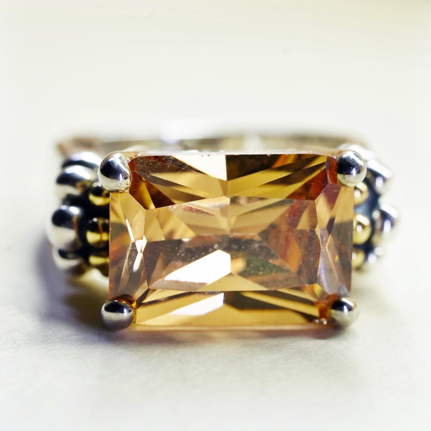 Size 6, vintage Sterling 925 silver cocktail ring citrine 14K yellow gold beads