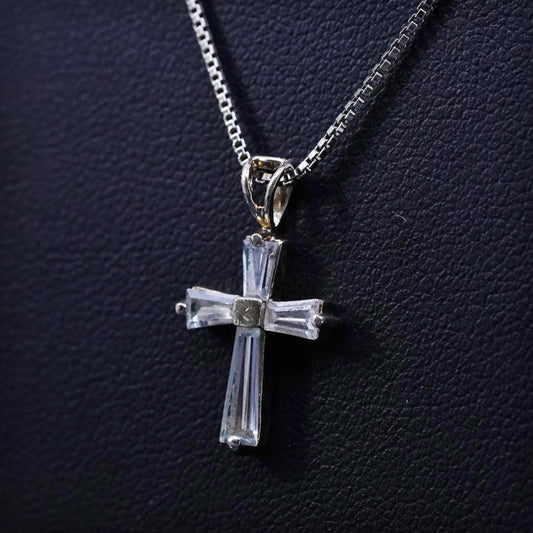 18”, Vintage vermeil gold over Sterling 925 silver box necklace with cz cross