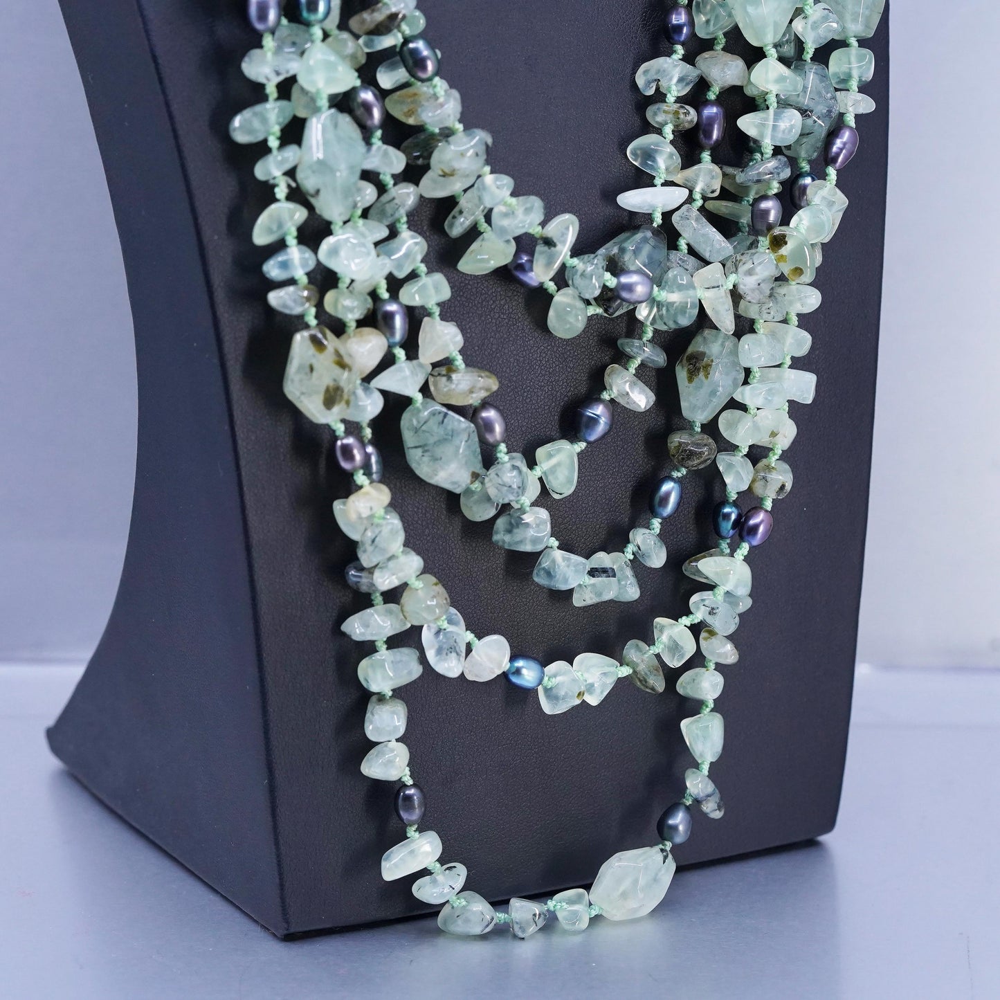 18", vintage multi strands jade bead linen thread necklace black pearl beads