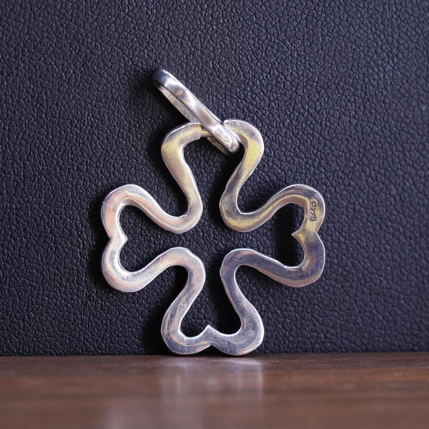 Sterling silver handmade flower pendant, hammered 925 silver lucky clover