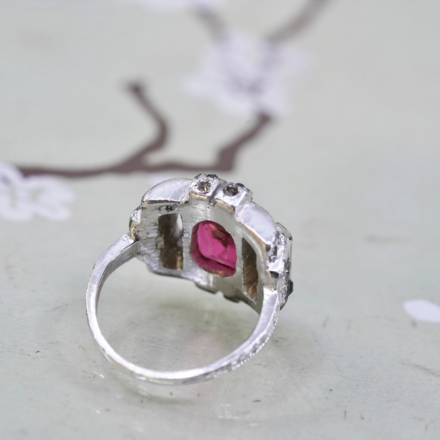 Size 5, 925 Sterling silver ring with pink Rhinestone, engagement ring