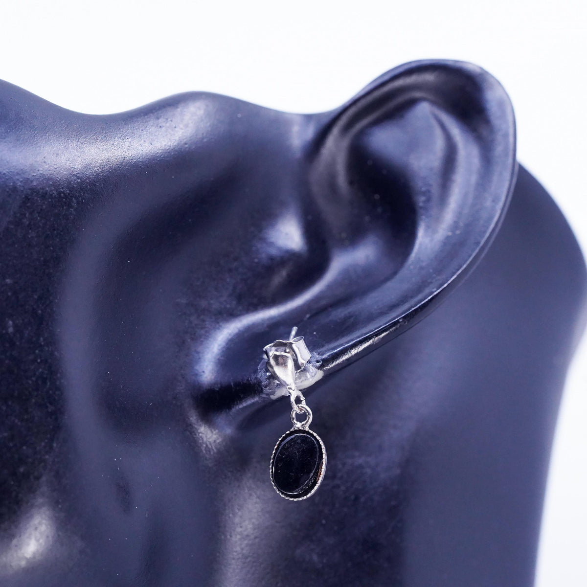 Vintage Sterling 925 silver earrings with oval onyx beads