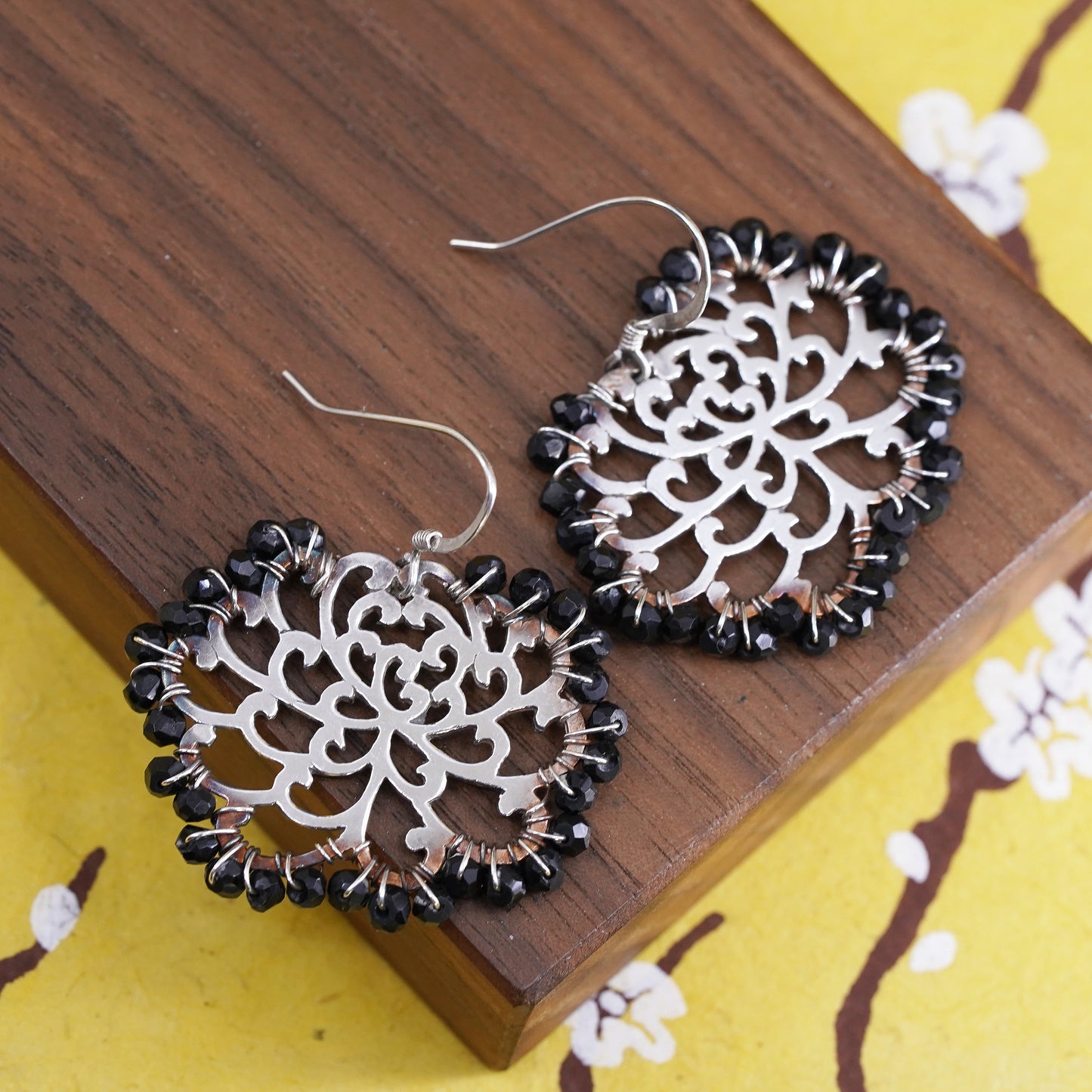 Vintage Sterling 925 silver handmade flower earrings with cluster obsidian