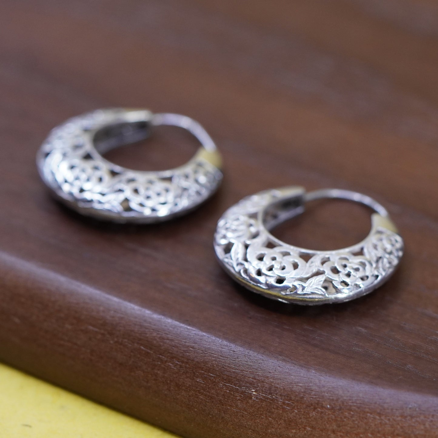 1.25”, vtg Sterling silver filigree hoop earrings, 925 handmade flower huggie
