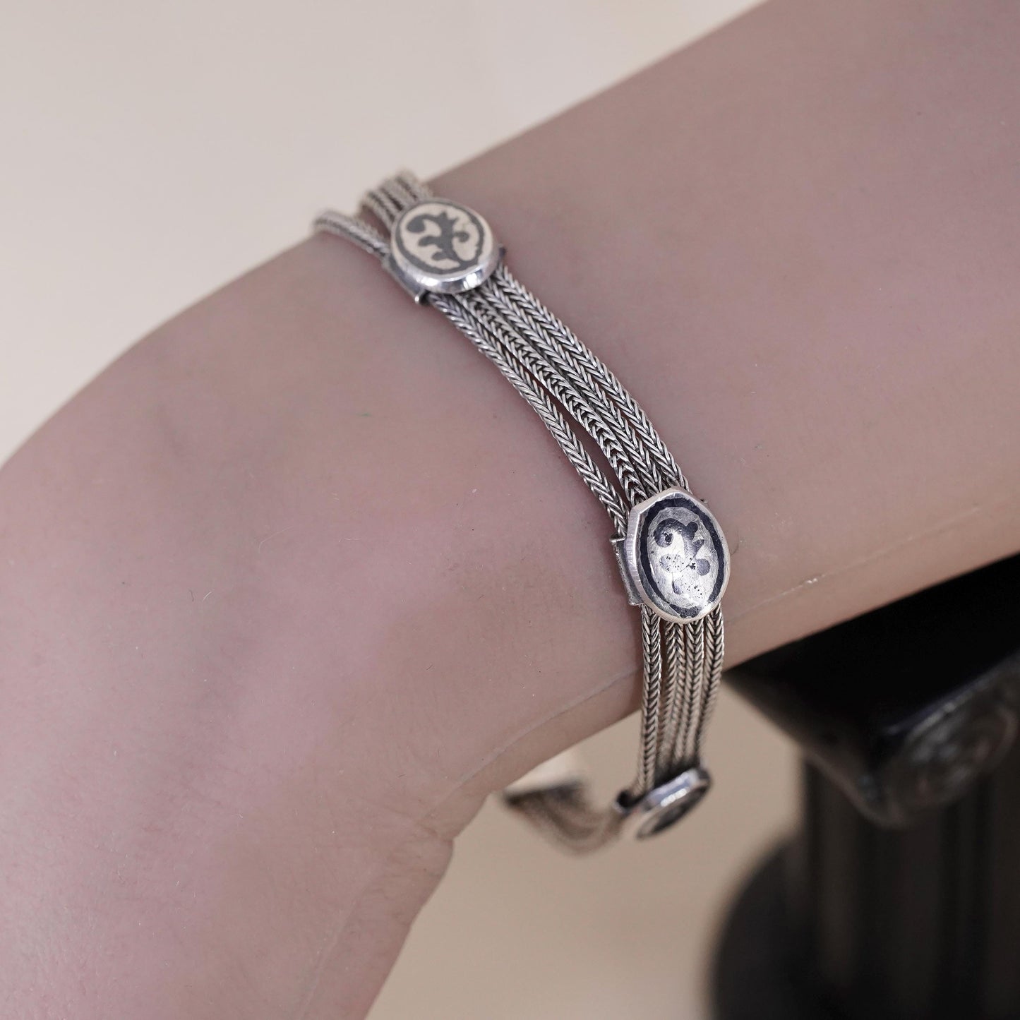 7.25”, VTG sterling silver handmade bracelet, multi strands 925 wheat chains