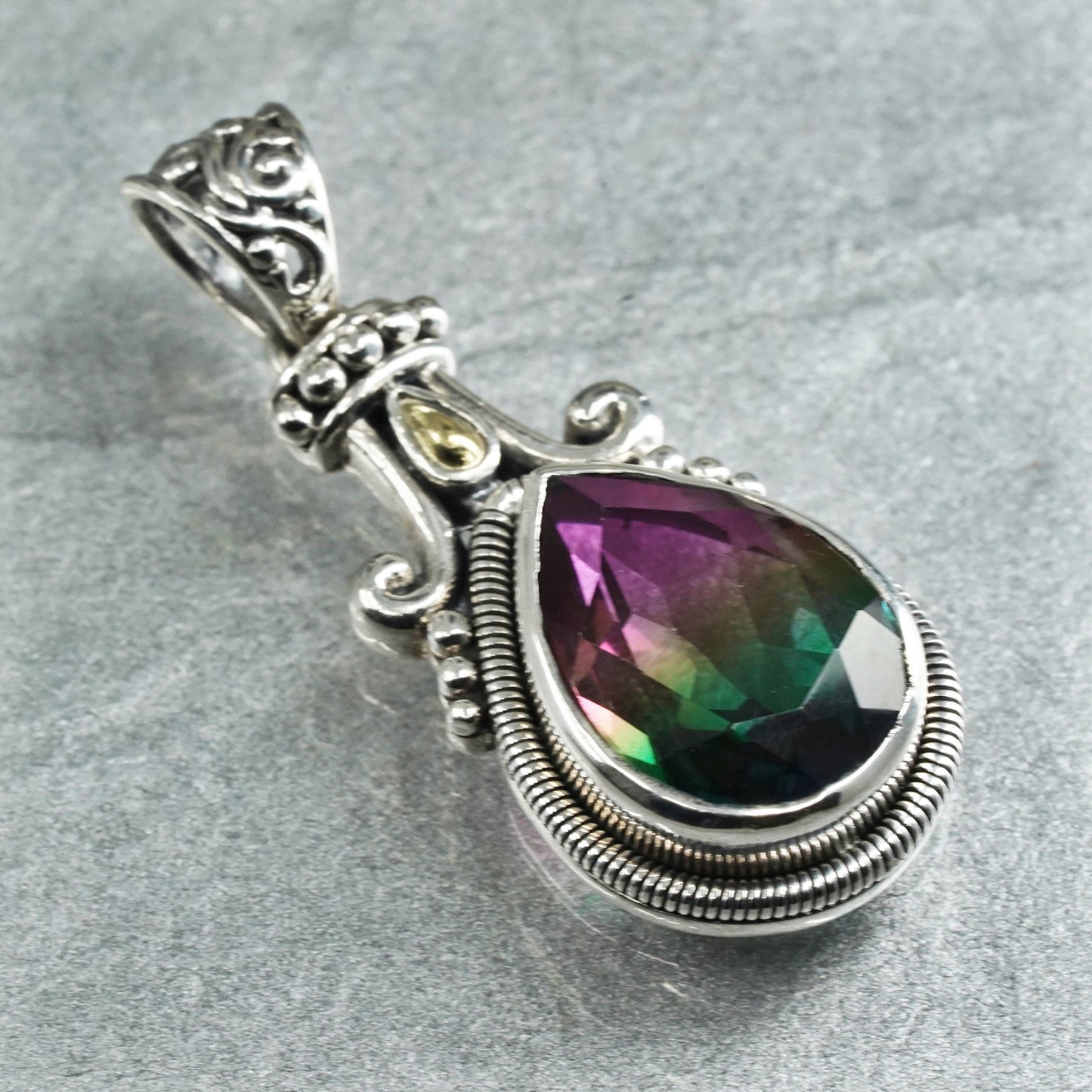 Vintage 18K sterling silver 925 teardrop pendant with rainbow topaz, stamped 925 18K