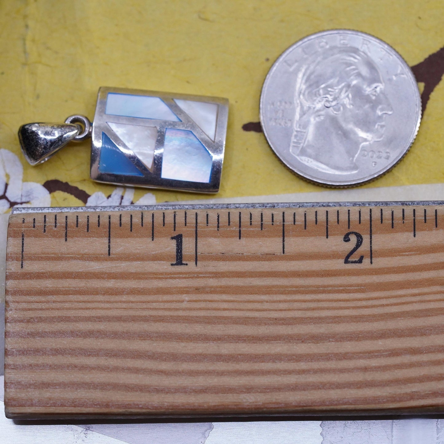 925 Sterling Silver Blue Pink Mother of Pearl Pendant Modernist Rectangle Charm
