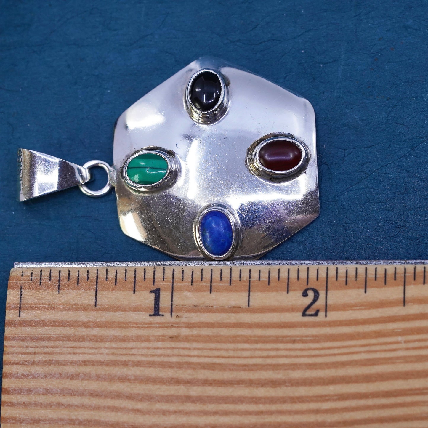 Mexican Sterling silver pendant, 925 hexagon lapis lazuli malachite carnelian
