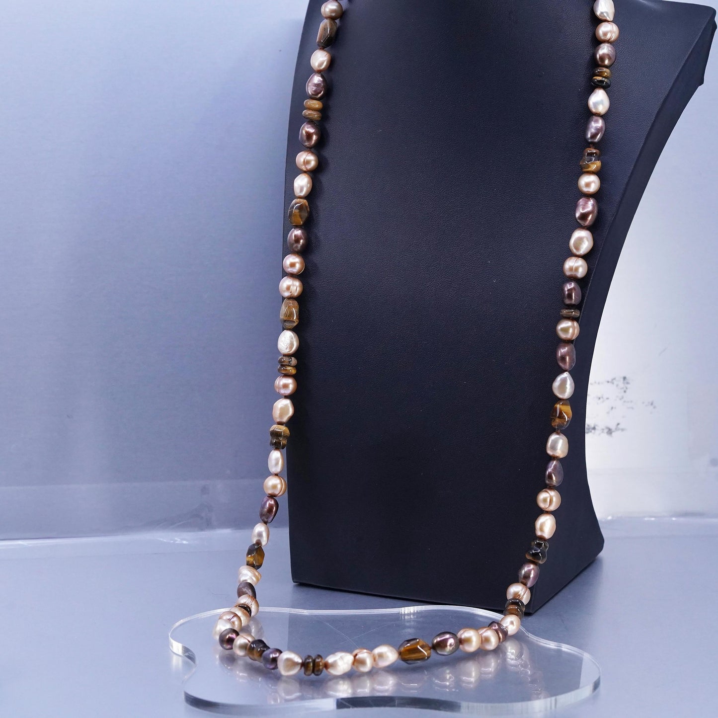 36”, Sterling 925 silver extra long necklace golden tiger eye, pearl nugget