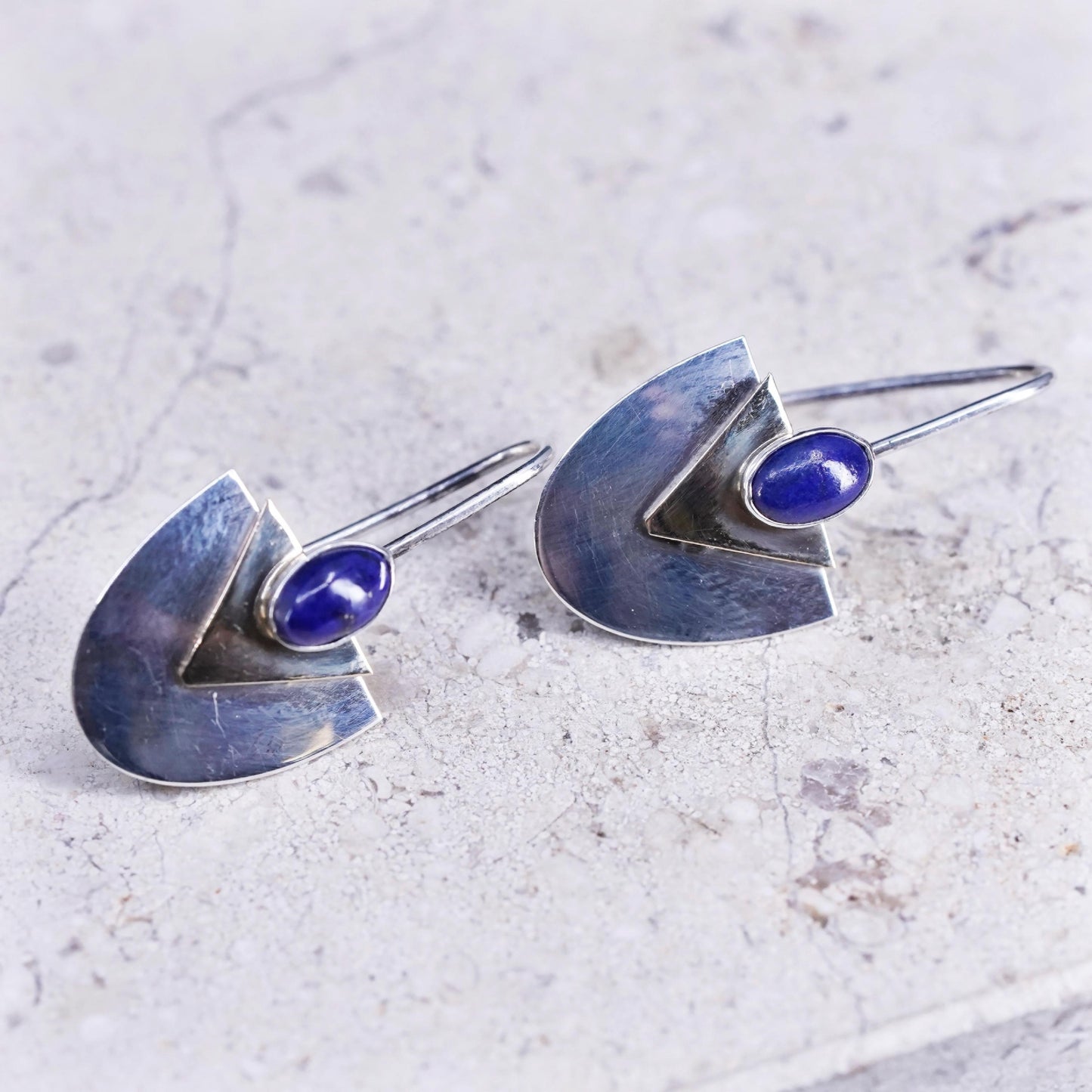 Vintage modern sterling silver earrings, 925 two tone discs with lapis lazuli